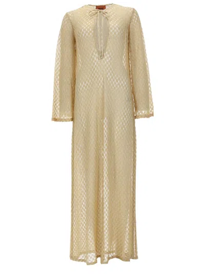 Missoni Maxi Beach Dress Long Sleeves Sheer Tie Neckline In Gold