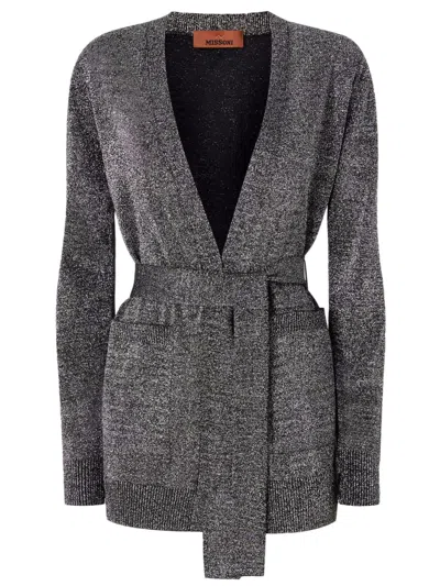 Missoni Glitter-effect Viscose Cardigan With Belt In Black,silver