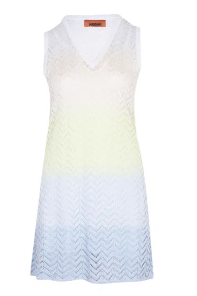 Missoni Gradient Chevron Viscose V-neck Mini Dress Lightblue/limegreen/creamy In Multi