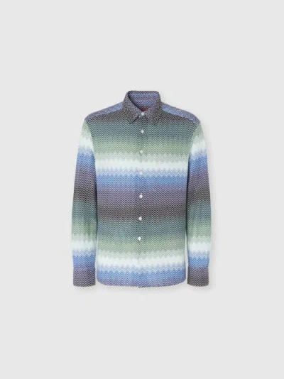 Missoni Gradient Zig Zag Cotton Knit Shirt With Breast Pocket In Blue & Green