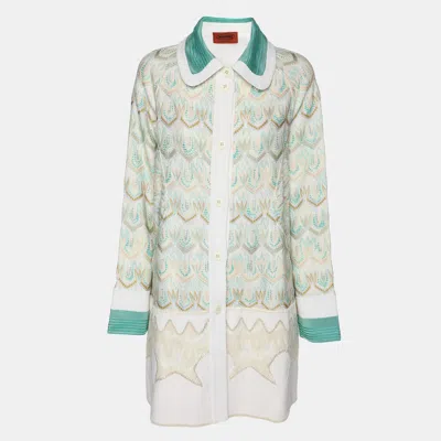 Pre-owned Missoni Green/cream Wave Knit Button Down Long Cardigan S