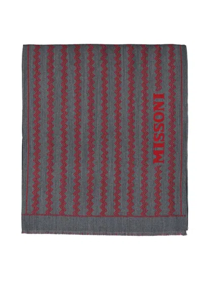 Missoni Grey Red Wool Scarf In Multi
