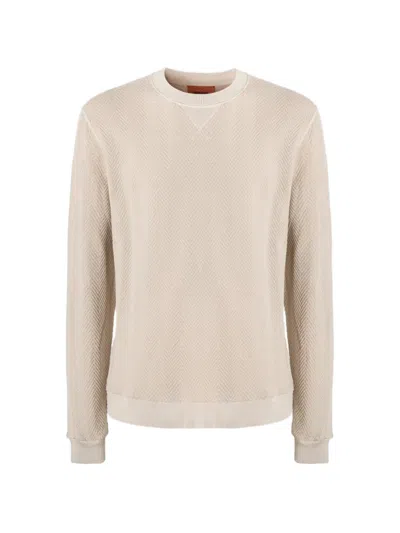Missoni Crew-neck Cotton And Viscose Sweatshirt With Tone-on-tone Zigzag Pattern In Neutral