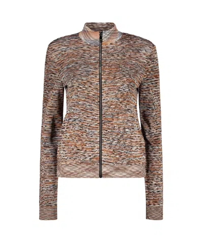 Missoni High-neck Woven Zip-up Cardigan In Brown