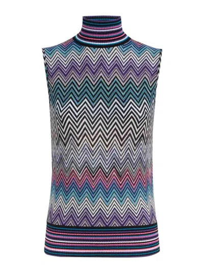 Missoni High Neck Zigzag Knitted Top In Clear Blue