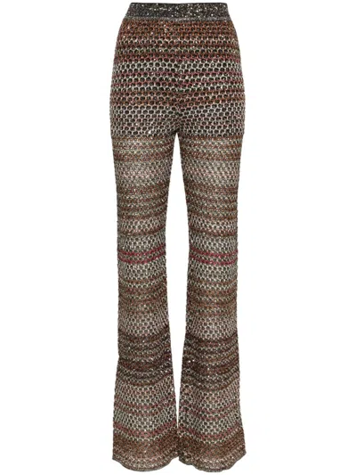 MISSONI HIGH-WAISTED FLARED TROUSERS: BLACK & MULTICOLOR METALLIC HONEYCOMB KNIT & SEQUIN EMBELLISHED FOR WO