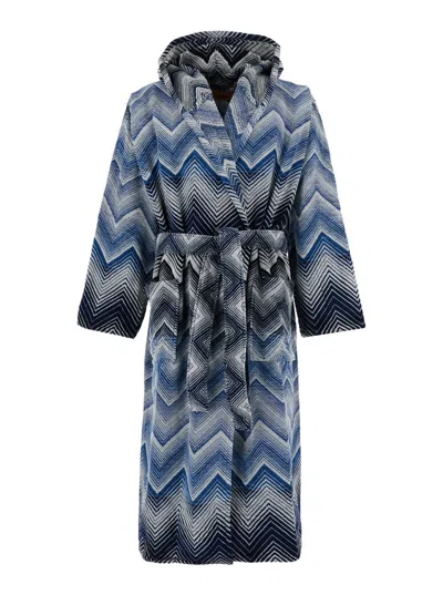 Missoni Home Hooded Cotton Zigzag Bathrobe In Blue