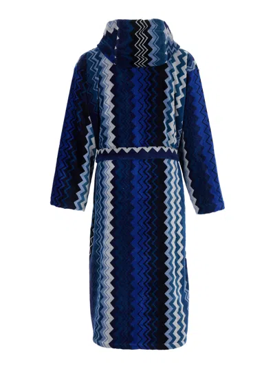 Missoni Home Tech Fabric Hooded Bathrobe With Drawstring Closure In Blue