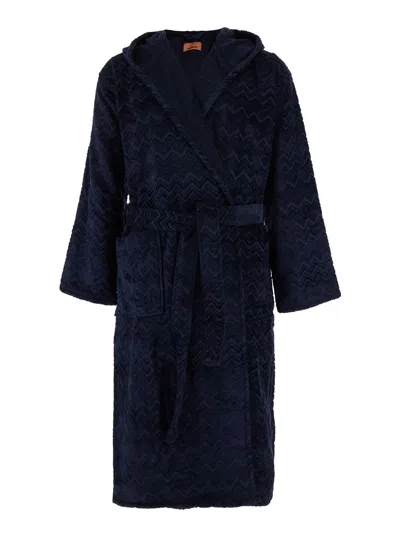 Missoni Home Unisex Cotton Bathrobe With Zigzag Motif And Waist Belt In Blue