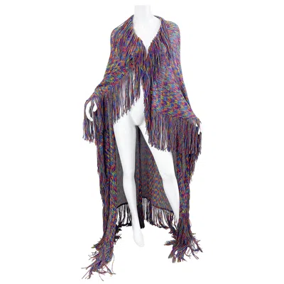 Pre-owned Missoni Huge Vintage  90s Colorful Knit Fringe Zig Zag Oversized Cape Piano Shawl In Gray