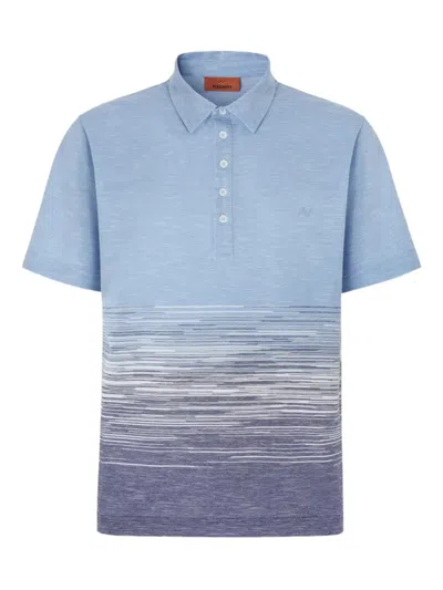 Missoni Slub Cotton And Linen Polo Shirt With Zigzag Embroidery In Blue