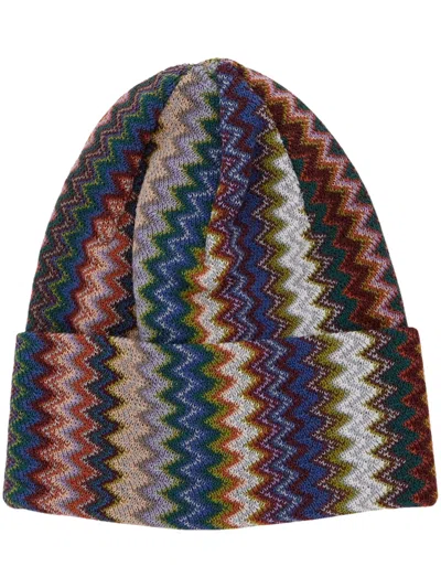 Missoni Jacquard Knit Beanie With Rolled Hem In Wool-acrylic Blend In Brown