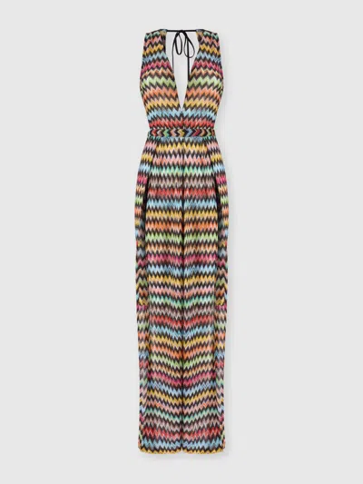Missoni Jumpsuit In Lamé Viscose With Micro Zigzag Pattern And V-neckline In Multi