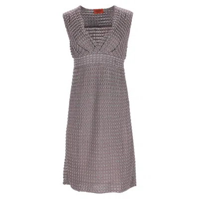 Missoni Knitted Deep Neck Mini Dress In Brown Viscose In Gray