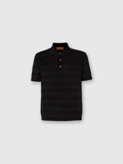 Missoni Knitted Polo Shirt In A Cotton And Viscose Blend Zigzag In Black & Blue