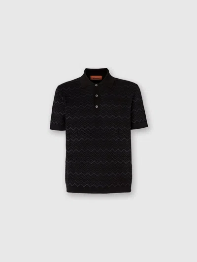 Missoni Knitted Polo Shirt In A Cotton And Viscose Blend Zigzag In Blue
