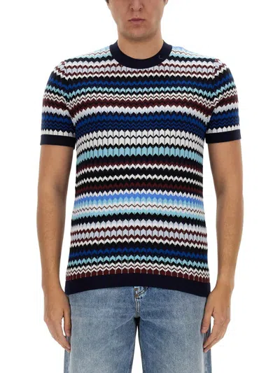 Missoni Striped Cotton T-shirt In Blue