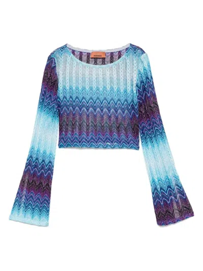 Missoni Cropped Glitter Knit Top With Zigzag Embroidery In Blue