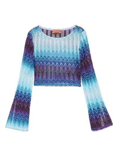 Missoni Cropped Glitter Knit Top With Zigzag Embroidery In Blue