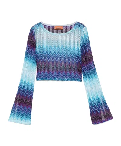 Missoni Cropped Glitter Knit Top With Zigzag Embroidery In Blue