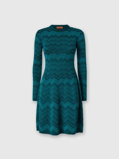 Missoni Long Sleeve Short Dress With Chevron Pattern In Blue