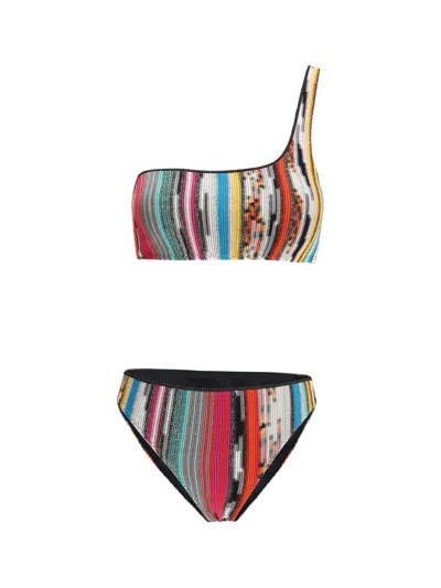 Missoni One-shoulder Lamé Striped Bikini In Multi Dark