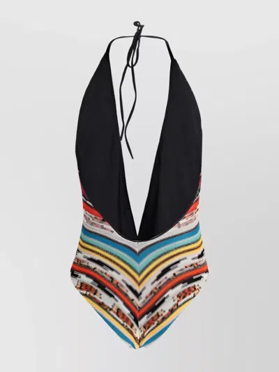 Missoni Lamé Striped Halter Neck Swimsuit In Black