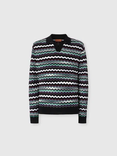 Missoni Long Sleeve Polo With V-neck And Zigzag Pattern In Black