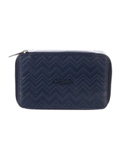 Pre-owned Missoni Leather Logo Accent Cosmetic Bag In Blue