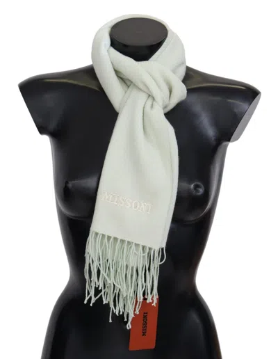 Missoni Light Green Pattern Cashmere Unisex Wrap Fringes Scarf In White