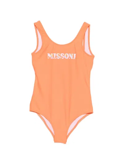 Missoni Kids' Logo-print Scoop-neck Swimsuit In Orange