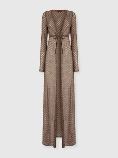Missoni Long Cardigan In Lamé Viscose With Spiderweb Motif In Brown