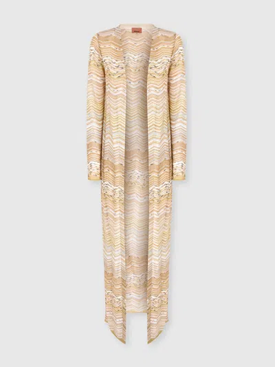 Missoni Long Cardigan With A Chevron Pattern With Sequins In Neutral