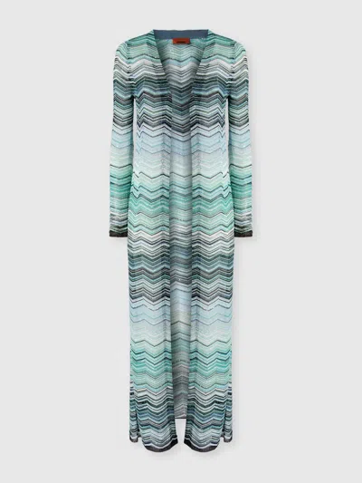 Missoni Long Cardigan With A Chevron Pattern With Sequins In Turquoise