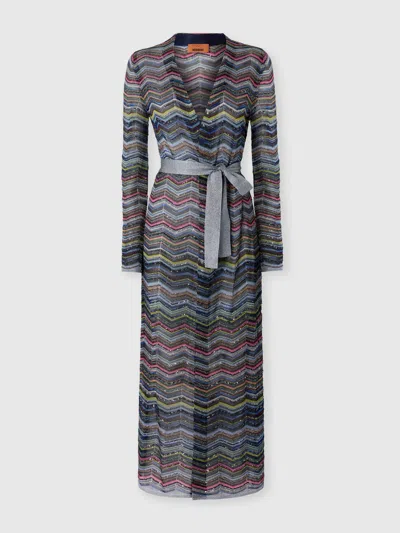 Missoni Long Chevron Viscose-blend Cardigan With Belt In Multi