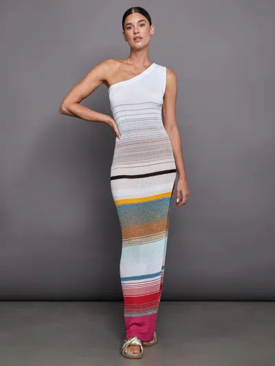 Missoni One Shoulder Dress In Striped Ribbed Knit With Lurex Fuchsia And White In Multi