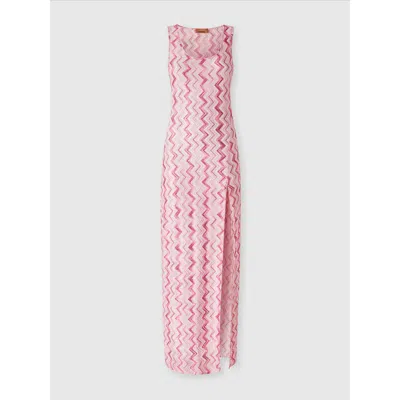 Missoni Long Cover-up Dress In Slub Zigzag Viscose Blend In White &  Pink