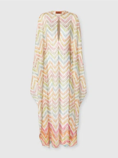 Missoni Long Covered Up In Printed Tulle With Batwing Sleeves In White