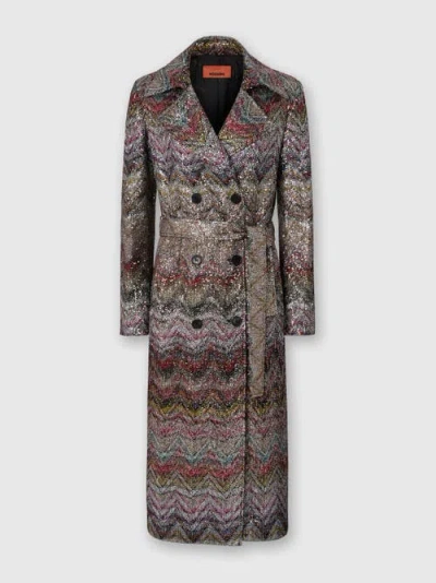 MISSONI MISSONI LONG DOUBLE-BREASTED TRENCH COAT WITH WAVY ZIGZAG PATTERN