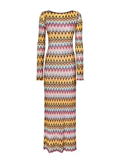 Missoni Multicolor Long Dress With All-over Zig Zag Motif In Yellow/pink
