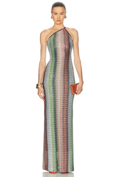 Missoni One Shoulder Maxi Length Striped Ribbed Dress In Multicolour