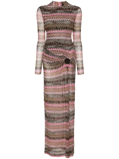 Missoni Long Cutout Metallic Chevron O-ring Dress In Pink