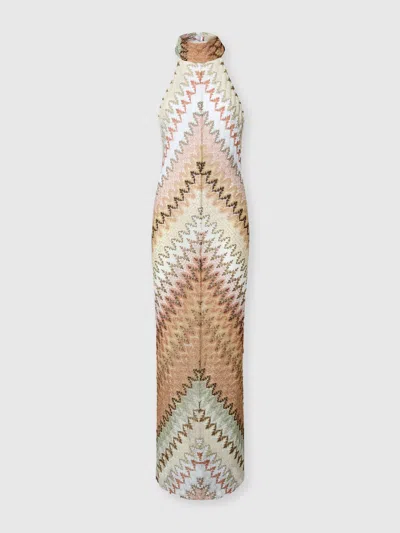 Missoni Long Dress With Halterneck Neckline In Zig Zag Lace In Multi