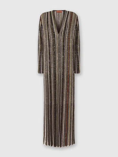 Missoni Long Dress With V-neck And Herringbone Stripe Knit In Multi