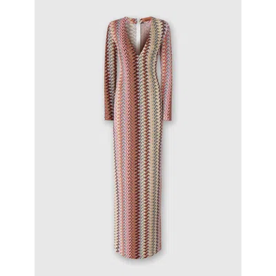 MISSONI MISSONI LONG DRESS WITH V-NECK AND ZIGZAG PATTERN