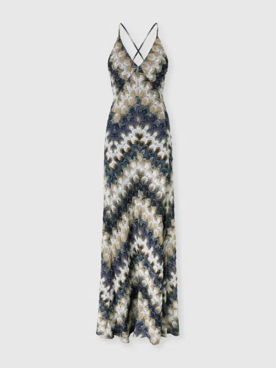 Missoni Long Dress With V-neck In Lamé Viscose With Lace Motif In Blue