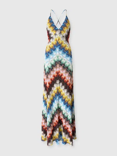 Missoni Long Dress With V-neck In Lamé Viscose With Lace Motif In Multi