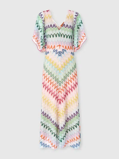 Missoni Long Dress With V-neck In Zigzag Lamé Viscose In Multi