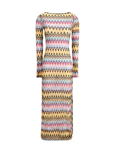 Missoni Multicolor Long Dress With All-over Zig Zag Motif In Yellow/pink