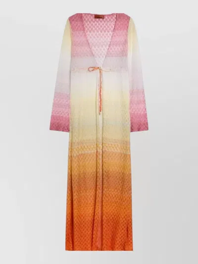 Missoni Long Gradient V Neck Tie Dress In Orange